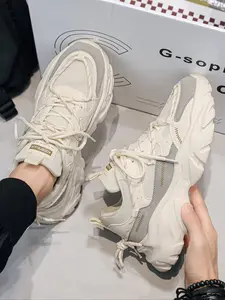 Men's Height Increasing Dad Shoes, Dual Strap Design, Fashionable Casual Sporty, Colorblock Patchwork, Thick Sole, Thick Soled Sneakers, All Seasons