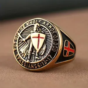Men's Stainless Steel Vintage Hip-hop Knight Shield Ring with Templar Cross Design - Bold Protective Gift for Birthday, Anniversary & Father's Day