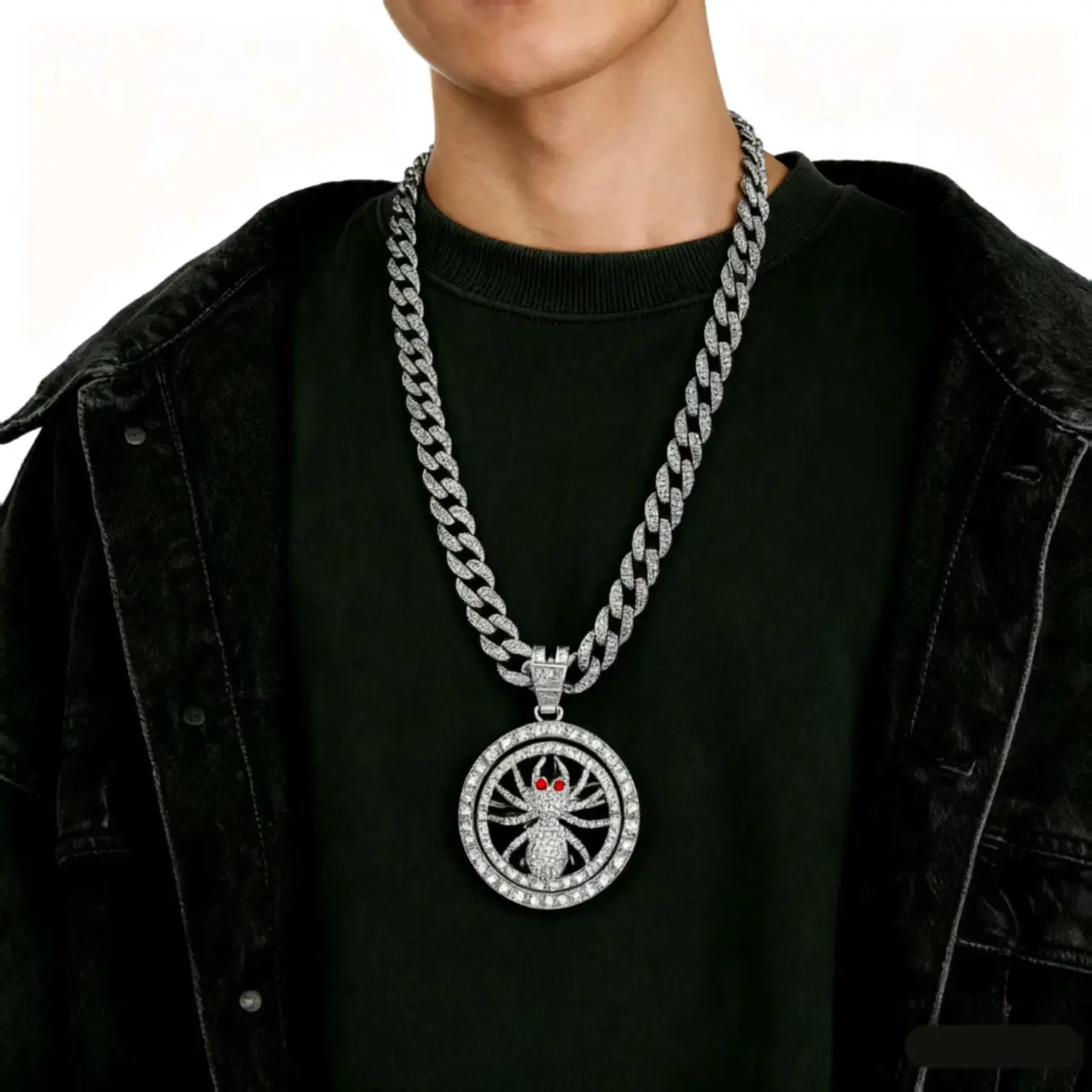 Men's 18 in Rotatable Spider Charm Cuban Link Necklace Casual Chain & Link All Seasons Stylish Hip Hop Costume Jewelry, Animal