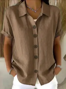 French Style Relaxed Solid Color Short Sleeve Button Shirt & Blouses, Summer Commute Casual Chic Loose Top, Comfortable and Stylish Apparel for Daily Wear