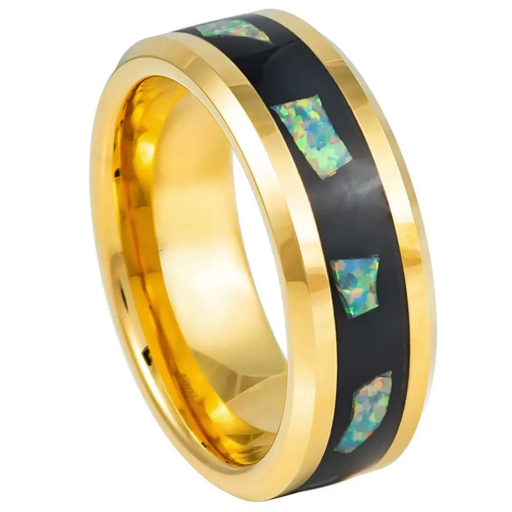 Gold Tungsten Carbide Wedding Band, Abalone Shell Fragments, Engagement Ring, Men’s Wedding Band, Unique Rings, Beveled Edges 8mm Groom Ring