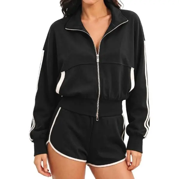 Fisoew Women's 2-Piece Striped Athleisure Tracksuit Co-Ord Set - All Seasons, Stand Collar Full Zip Cropped Jacket, Elastic Drawcord Dolphin Sweat Shorts, Multi-Size Casual Women's Clothing Set