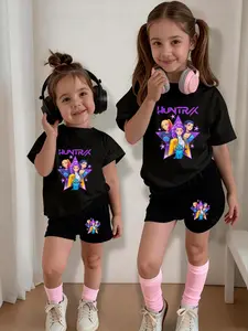 Girls' Casual Short Sleeve Shorts Set, Clothing Sets, Huntrx Cartoon Print, Fitted Design, All Seasons Wear, Youthful Style, Perfect for Daily