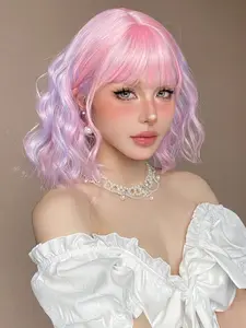 14-Inch Pink Purple Dyed Short Curly Fiber Wig with Bangs, Heat-Resistant, Ideal for Girls' Cosplay, Party, Daily Use