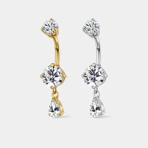 Oufer 14G Internally Threaded Stainless Steel Waterproof Shiny CZ Gems Belly Ring for Women Bar Length 10cm