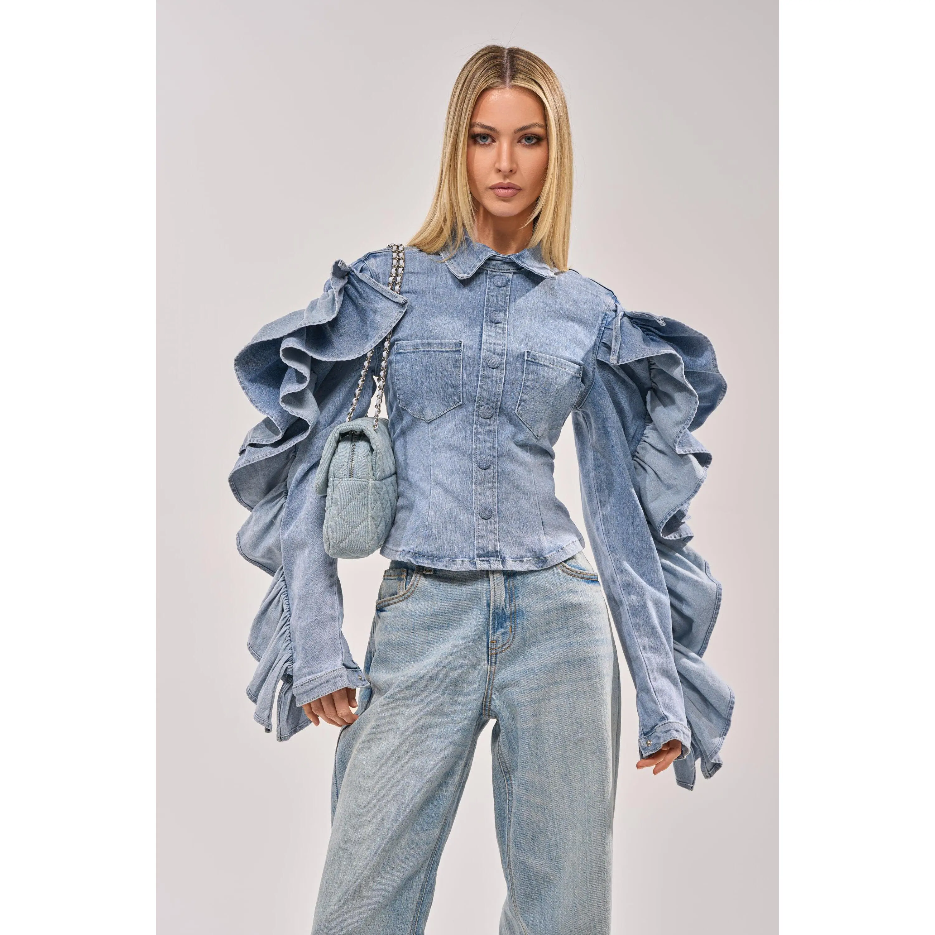 DREA RUFFLE SLEEVE DENIM BUTTON DOWN