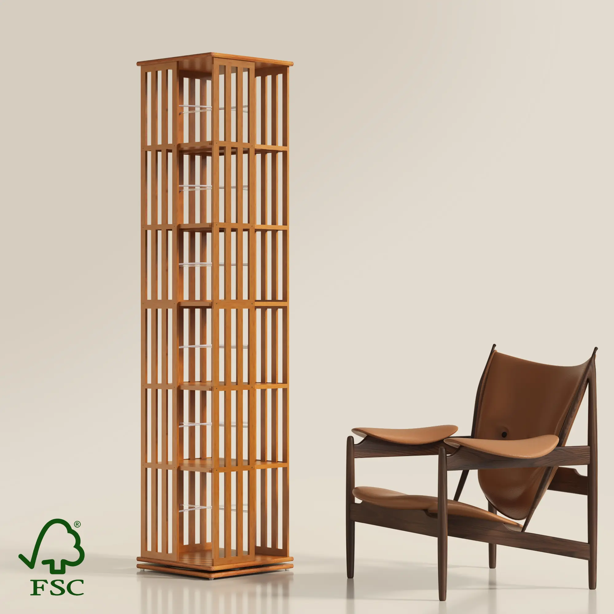YOWOS 360° Rotating Bookshelf Tower 6-Tier Aesthetic Spinning Bookcase for Book Lovers, Space-Saving Bamboo Library for Small Spaces & Reading Nooks (Meridian Series)