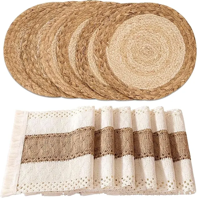 6-Pcs Boho Placemats Set - Cotton Burlap-Natural Fibers Water Straw Woven Hollow Striped Antiscald Kitchen Decorative Placemats, Macrame Farmhouse Round/Square Dining Use, Wedding Supplies Mix Set, Household Placemat