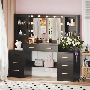 58.3" Vanity Desk with Mirror and Replaceable Lights & Charging Station, Bedroom Dressing Table, Large Vanity Set, 8 Drawers and 2 Cabinets, Makeup Vanity Table with Charging Station, Without Stool, White, Black, Pink