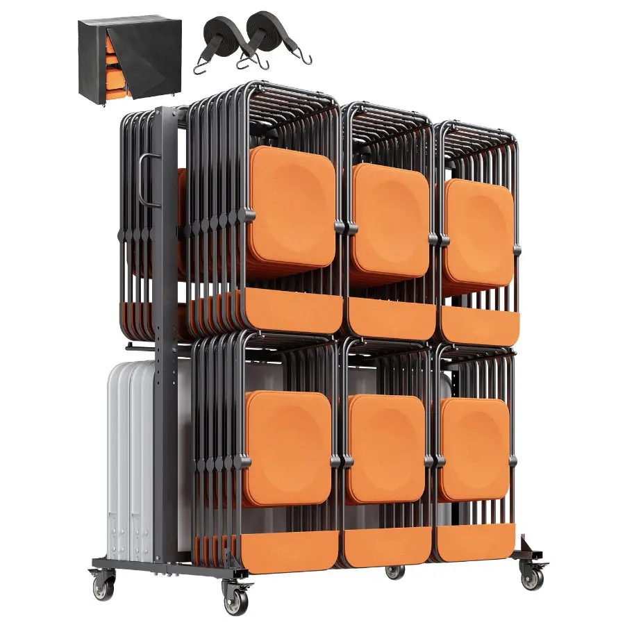 【Summerfinds】 Q235 Iron Heavy-Duty Wagon Organizer Rack, 800lbs Load Capacity Dual-Tiered Storage Dolly, Holds 84 Chairs or 12 Tables+42 Chairs, Equipped with Rubber Wheels and Holders, Matte Blackdealsforyoudays
