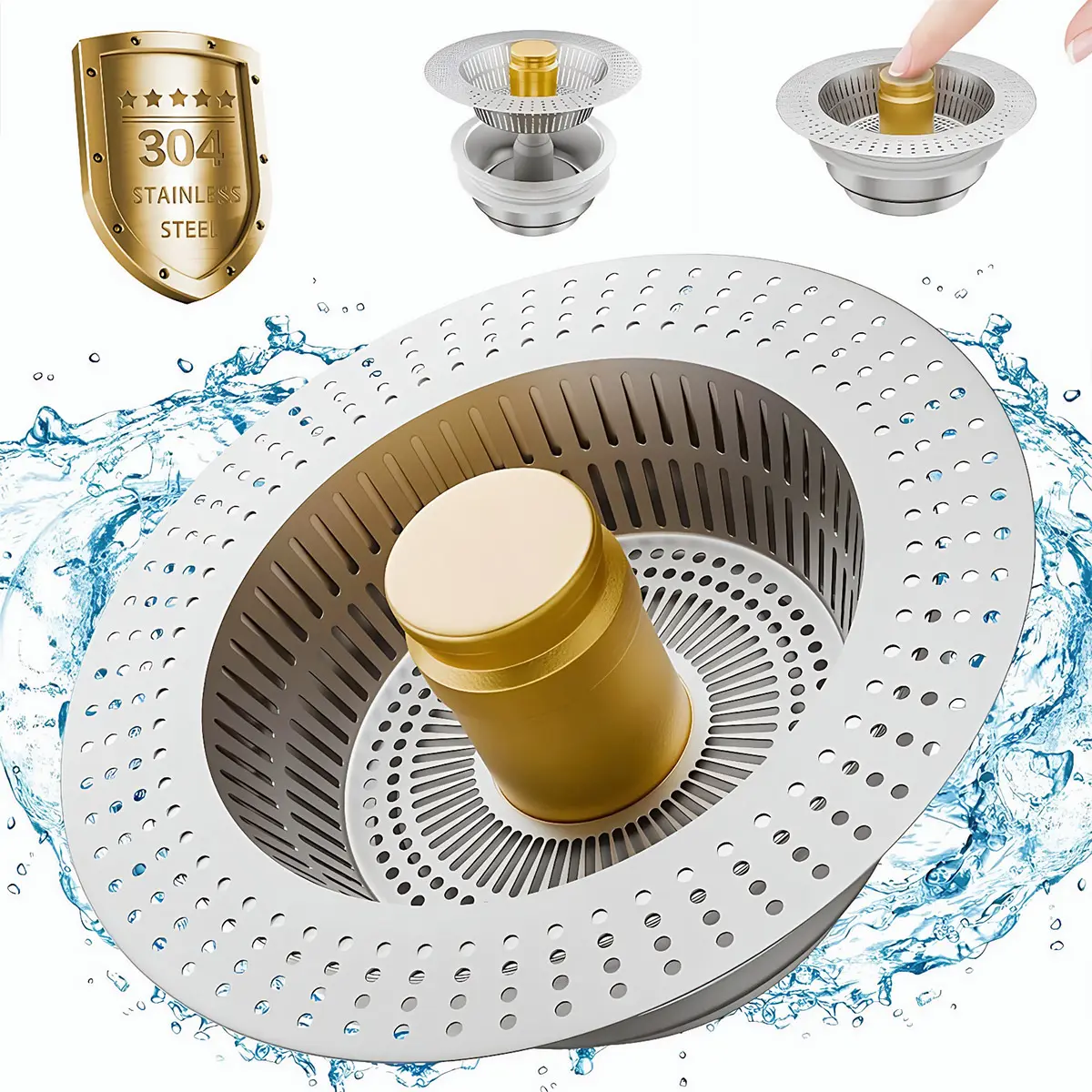 Father's Day Gift 3-in-1 304 Stainless Steel Kitchen Drain Strainer, Anti-Clogging Helper, Deodorizing Basket, Durable Plug, Easy Cleaning Stopper for US Standard 3-1/2 in Drains