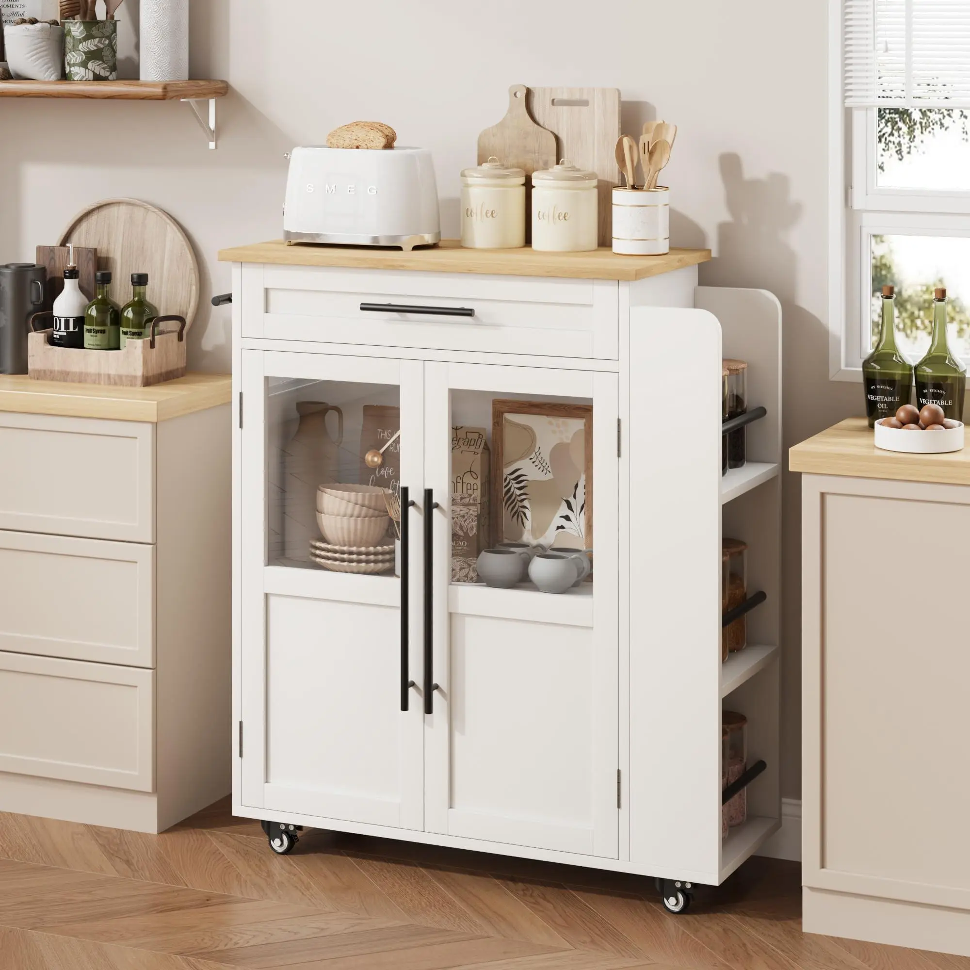Garvee Kitchen trolley with wheels, serving trolley, kitchen island trolley with work surface, kitchen trolley with glass doors, drawer and shelf for kitchen, dining room & hallway, 74 x 38 x 78.5 cm, White