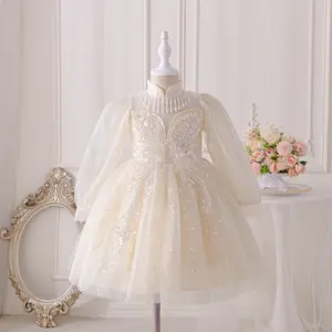 Flower Girl Long Sleeve Sparkly Princess Dress with Floral Embroidery & Pearl Neckline