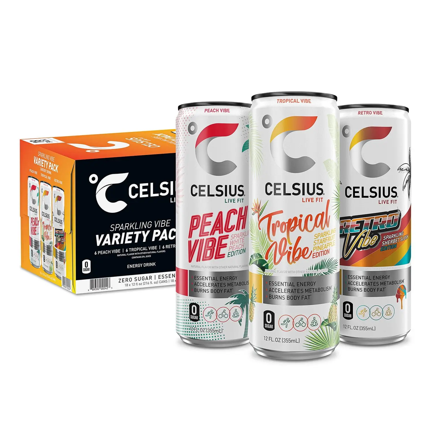 CELSIUS Live Fit Sparkling Vibe Variety Pack 12 fl oz 18 pk | Peach Tropical Retro Energy Drink