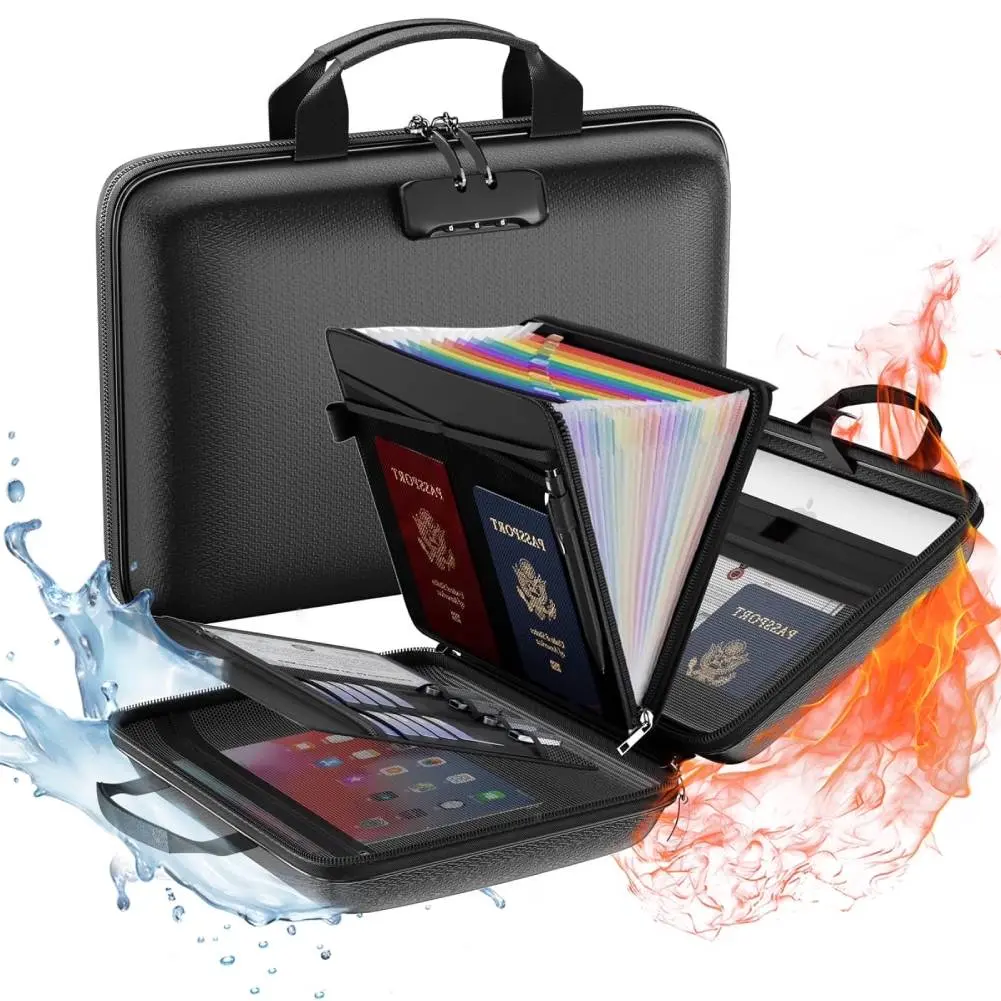 Fireproof Document Organizer with Lock,Hard-Shell Case Fireproof Document Box ,Portable File Organizer,Accordion File Folder for Files Laptop Black