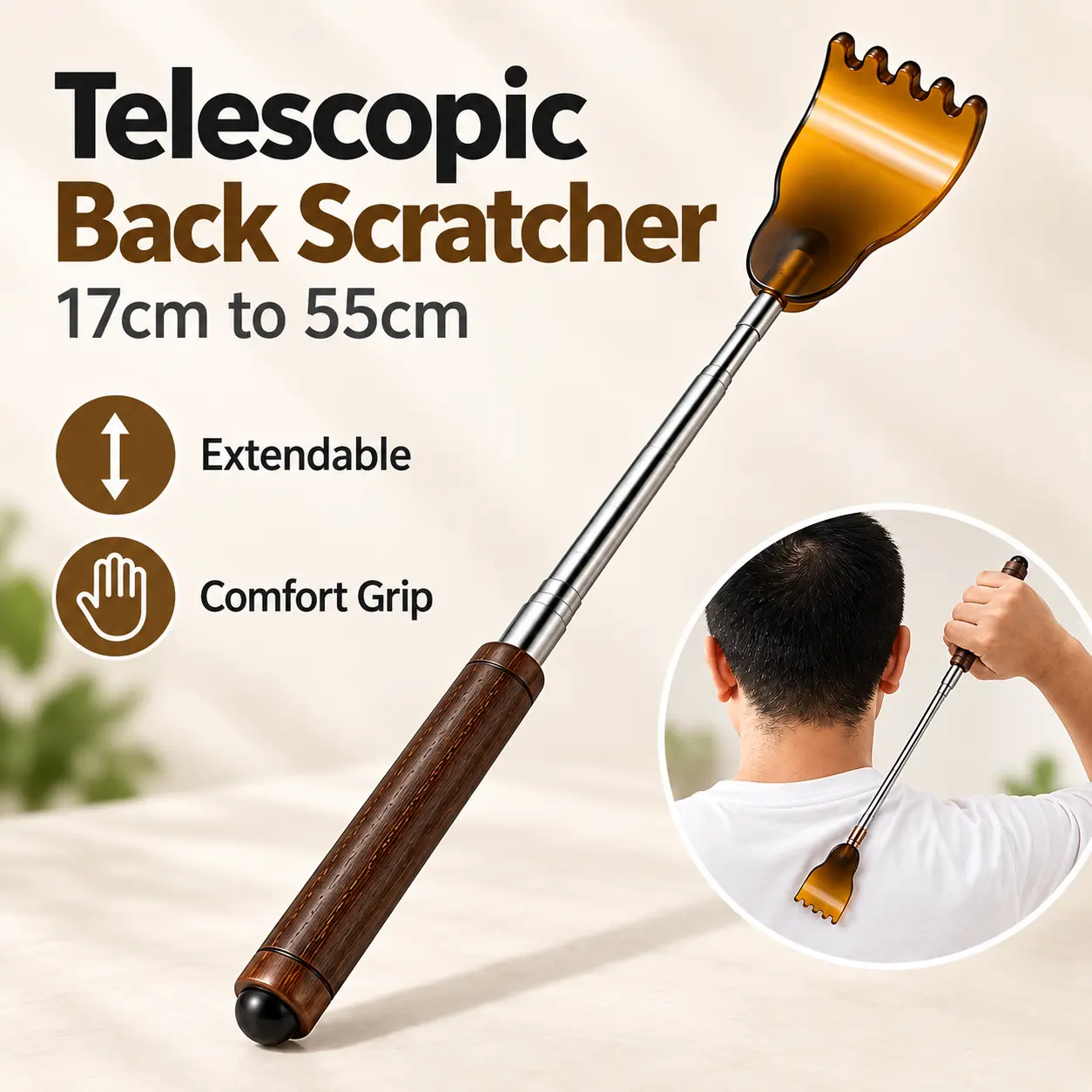 Telescopic Back Scratcher, Extendable Stainless Steel Back Scratching Tool with Comfortable Grip Handle, Portable Retractable Itch Scratcher for Adults, Seniors, Home, Office & Travel