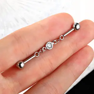 Oufer 14G Stainless Steel Rhinestone Cubic Zirconia Bling Chain Industrial Barbell - Female Body-Safe Cartilage Piercing Jewelry, High-Quality Casual Daily Fashion Accessory