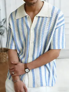 Men's Striped Print Cardigan, Regular Fit Casual Short Sleeve Knitwear for Summer, Fashion Men's Knit Clothing for Daily Wear, Tops, Fitted