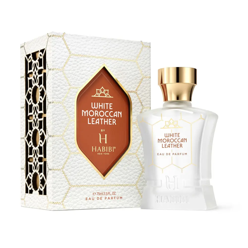 HABIBI NEW YORK Men's Fragrance White Moroccan Leather EDP Liquid Cologne Perfume Spray with Patchouli, Youth-Focused Scent, 75ml, Aroma Cologne, Single Item, Sandalwood Heart, Lingers On Skin