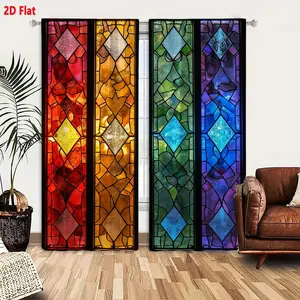 2D Flat 4-Panel Stained Glass Curtain Set, Colorful Geometric Diamond Patterns with Red/Pink/Gold/Green/Blue/Purple Tones, Dark Frame Bordered Rainbow Stained Glass Art Window Curtains for Living Room Bedroom Decor