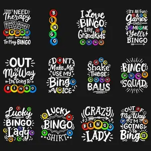 NNMM Bingo Iron on Transfer Stickers 12 Sheets Sticker Packs Colorful Vinyl Decals with Fun Phrases and Playful Fonts for T Shirts Pillows Clothes Durable Heat Transfer Easy to Apply Design