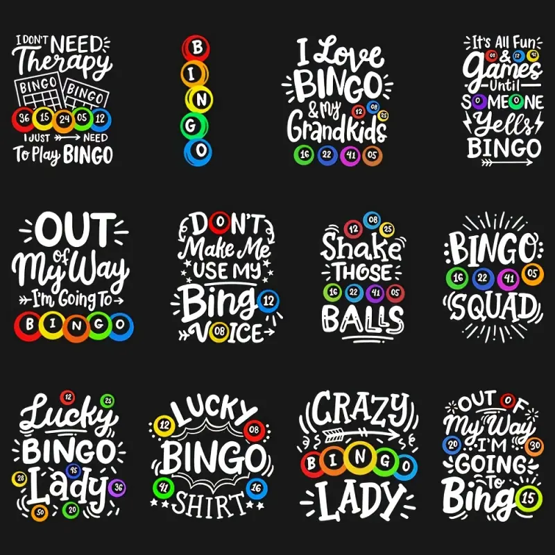 NNMM Bingo Iron on Transfer Stickers 12 Sheets Sticker Packs Crafts Colorful Vinyl Decals with Fun Phrases and Playful Fonts for T Shirts Pillows Clothes Durable Heat Transfer Easy to Apply Design