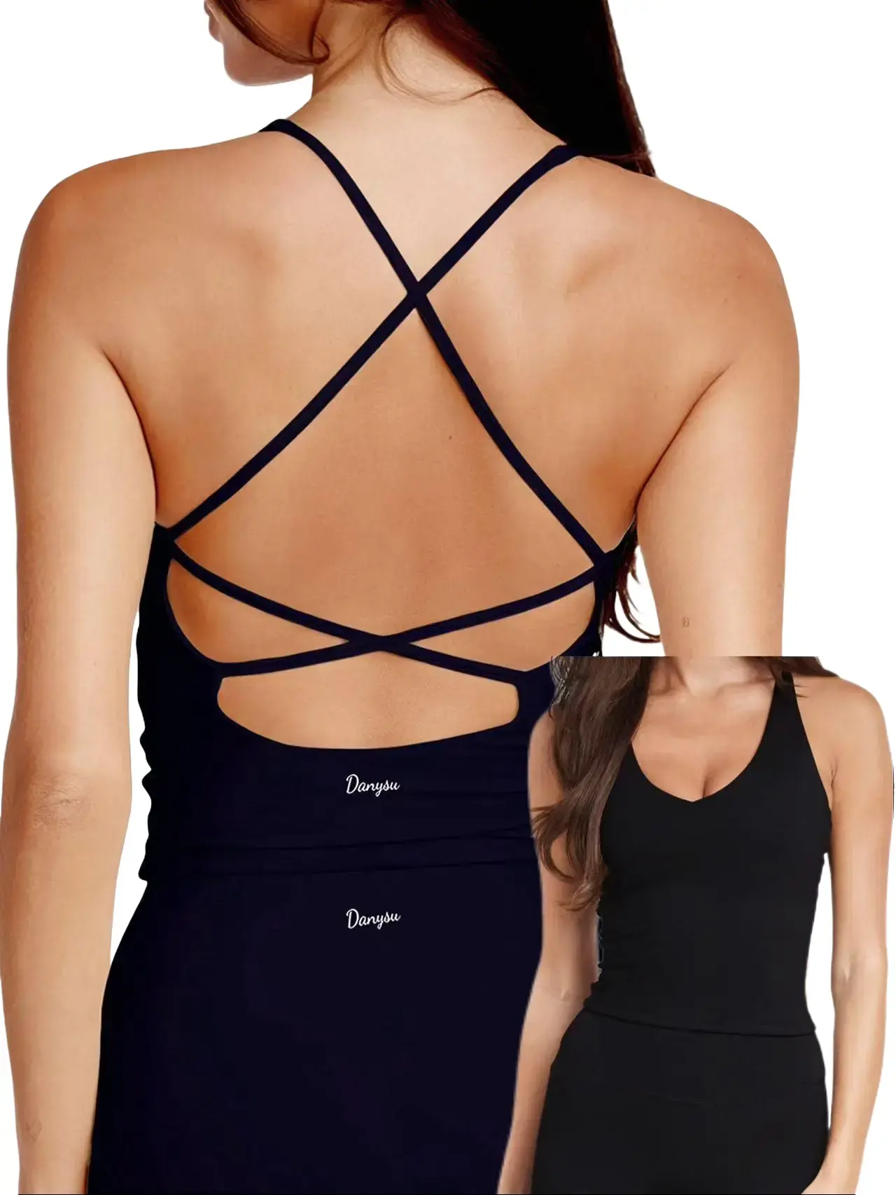 Danysu Sculpt Workout Tank Tops Women Backless Longline Sports Bras Strappy Padded Yoga Top campingessentials