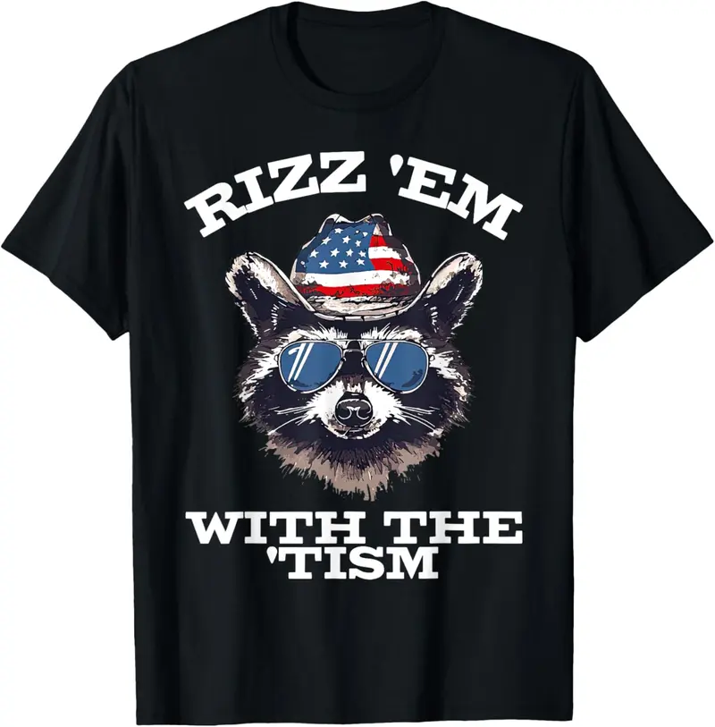 100% Cotton Patriotic Rizz Em With The Tism Raccoon Meme 4th Of July T-Shirt
