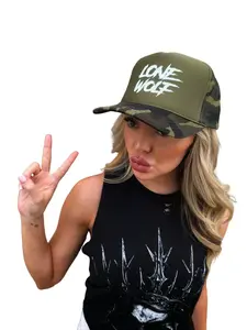 TheDriveClothing LONE WOLF FOAM CURVED BILL GREEN CAMO HAT – Camo Trucker Cap, White Print, 5 Panel High Crown Snapback, Mesh Back Streetwear Hat