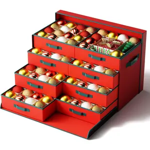 Christmas Ornament Storage Box-Hold 128 Ornaments, Xmas Ornament Organizer Storage box with Lid and Adjustable Dividers, Extra Large Holiday decorations Storage Container with Individual Trays, Red