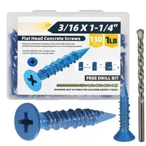 130 count 3/16 x 1-1/4 in Concrete Screws with Drill bits,Masonry Screws for Concrete Assortment Kit,Flat Block Cement Stacoo Screws and Anchors, Point,Blue Coated(1LB)