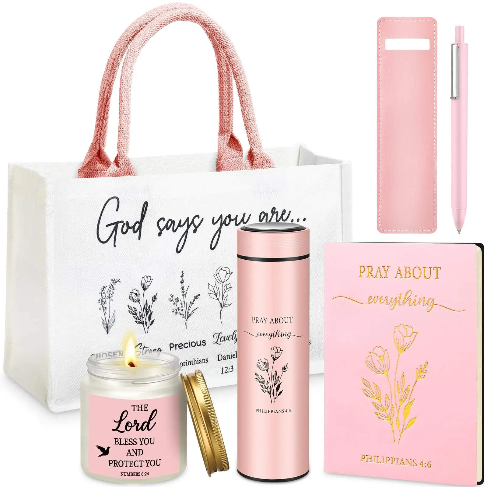 Gejoy Christian Gifts for Women 6pcs Religious Gift with Canvas Tote Bag Makeup Bag Candle Cross Necklace Thermos Cup Greeting Card Faith Inspirational Gift for Women Friends Mother Sister Wife, Sunday Prayer Gift, Women Friendship Day Gift