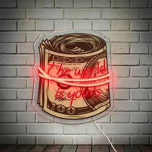"The World Is Yours" Dollar Bill LED Neon Sign | USB Powered Dimmable Wall Decor Light, Acrylic Material, Ideal for Edgy Bedrooms, Gaming Rooms, Entrepreneur Studios, Photo Walls & Party Atmosphere Decoration