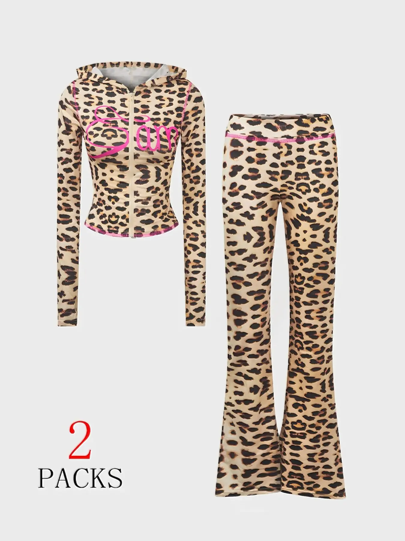 2-Pack Leopard Print Hoodie + Flare Pants Set | Pink-Accent Zip-Up Top + Bell-Bottom Bottoms – 2025 TikTok Viral Y2K Aesthetic Fashion! Animal Print, Slim-Fit Design Perfect for #OOTD, #BaddieOutfits, #RetroVibes. Stylish, Casual for Brunch, Nights Out