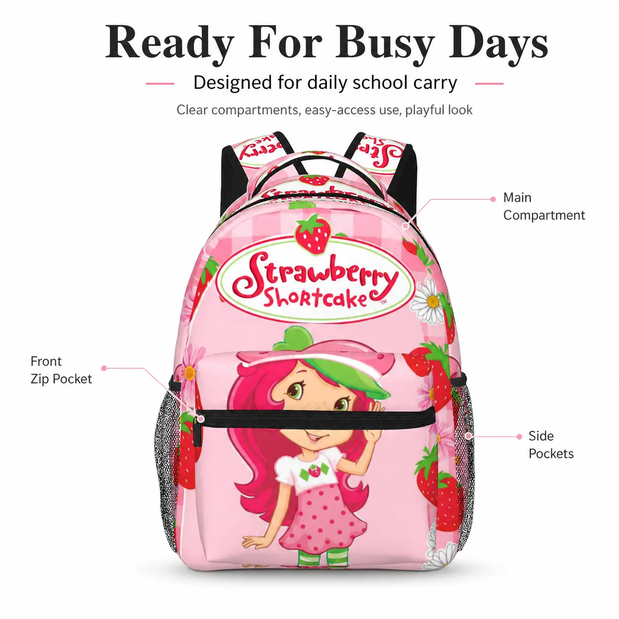 Girls Strawberry Backpack, Cute Pink Kids Backpack with Character Design, Preschool School Bag for Toddler Girls, Kindergarten Travel Backpack & Gift