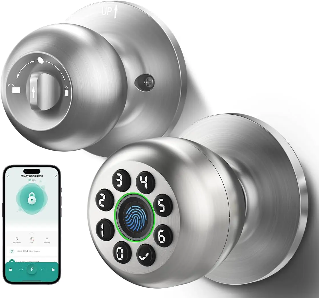 Smart Keypad Door Knob Lock with Handle, Fingerprint Keyless Entry, Biometric Code Access, APP Control, Auto Lock for Home Front Door, Office Garage