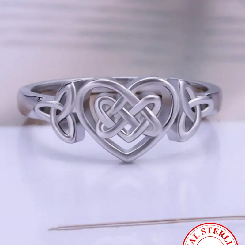 S925 Sterling Silver Hollow Out Celtic Knot Design Cuff Ring, Heart Signet Ring, Statement Ring, Unique Rings, Beautiful Rings, Fashion Creative Jewelry for Women & Men, Trendy Exquisite Jewelry As Gift, with Box