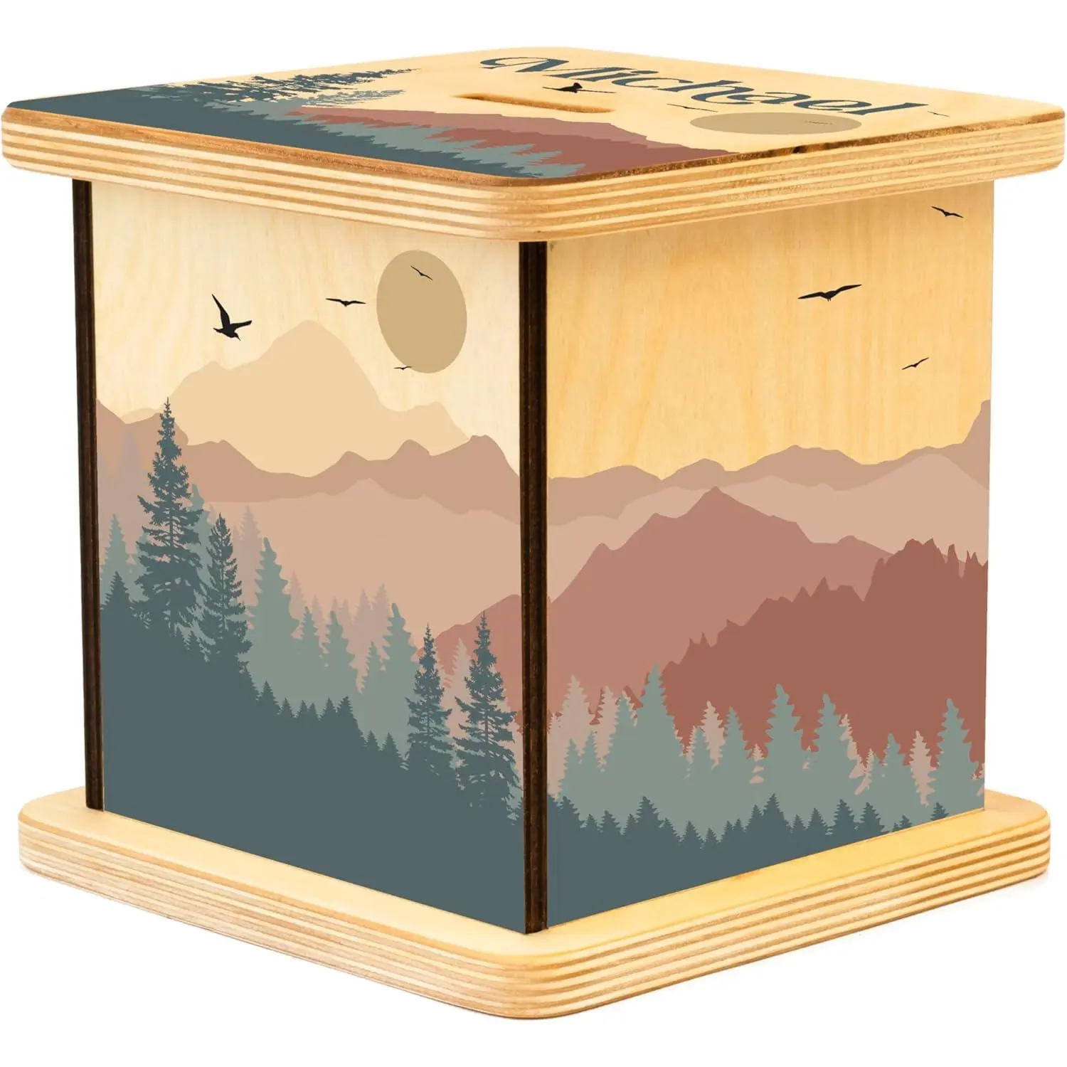 Wooden Piggy Bank for Kids and Adults, Personalized Gift Handmade in USA by BloomOwl, Custom Piggy Bank, Personalized Banks for Kids, Gifts for Baby Boys and Girls (Mountains)