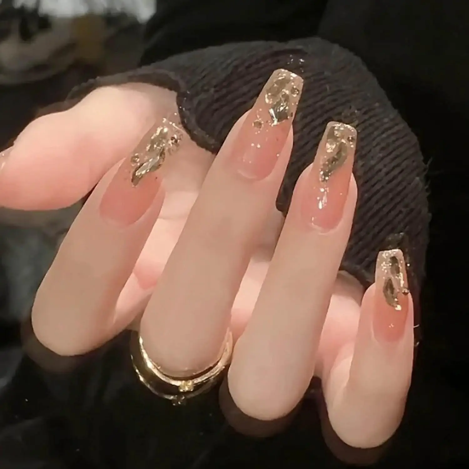 Hkanlre Bling Coffin Press on Nails Fake Nails Tips Full Cover Medium False Gradient Nails for Women and Girls 24PCS (Gold Coffin)