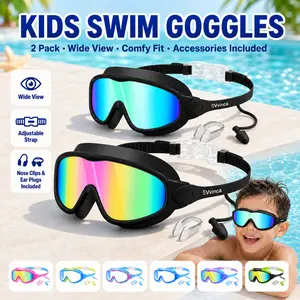 [Brandday][Memorialday]Vvinca Kids Swim Goggles for Ages 3-12+ Kids,Youth,UV Protection Anti-Fog Wide View Waterproof Goggles for Boys and Girls - Safety anti-uv swimming goggles swim glass anti-fog  with Earplugs & Nose Clip,for Lake,Beach, Summer Party