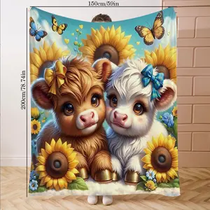 Sunflower Highland Cow Print Flannel Blanket, Soft Comfortable Sofa Cover, Gift Blanket, Holiday Decor, Bed Office Camping Travel