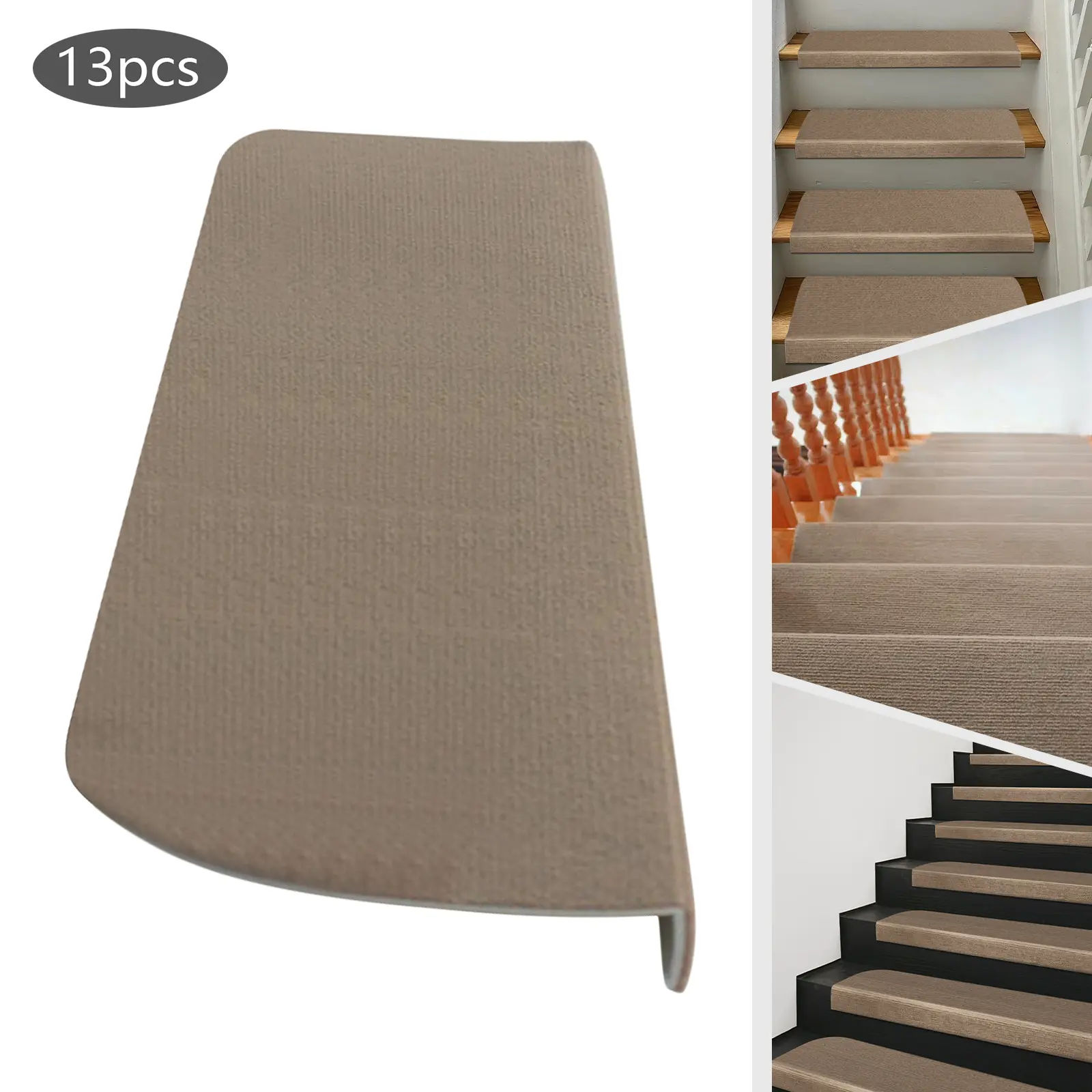 CNCEST 13-Pack Pre-Cut Non-Slip Stair Tread Carpet Mats, 22x9.45in Beige Hallway Runner Rug with Polyester-PVC Backing, 3-Layer Sound Insulation, Washable Safety-Focus Indoor Step Pads for Home