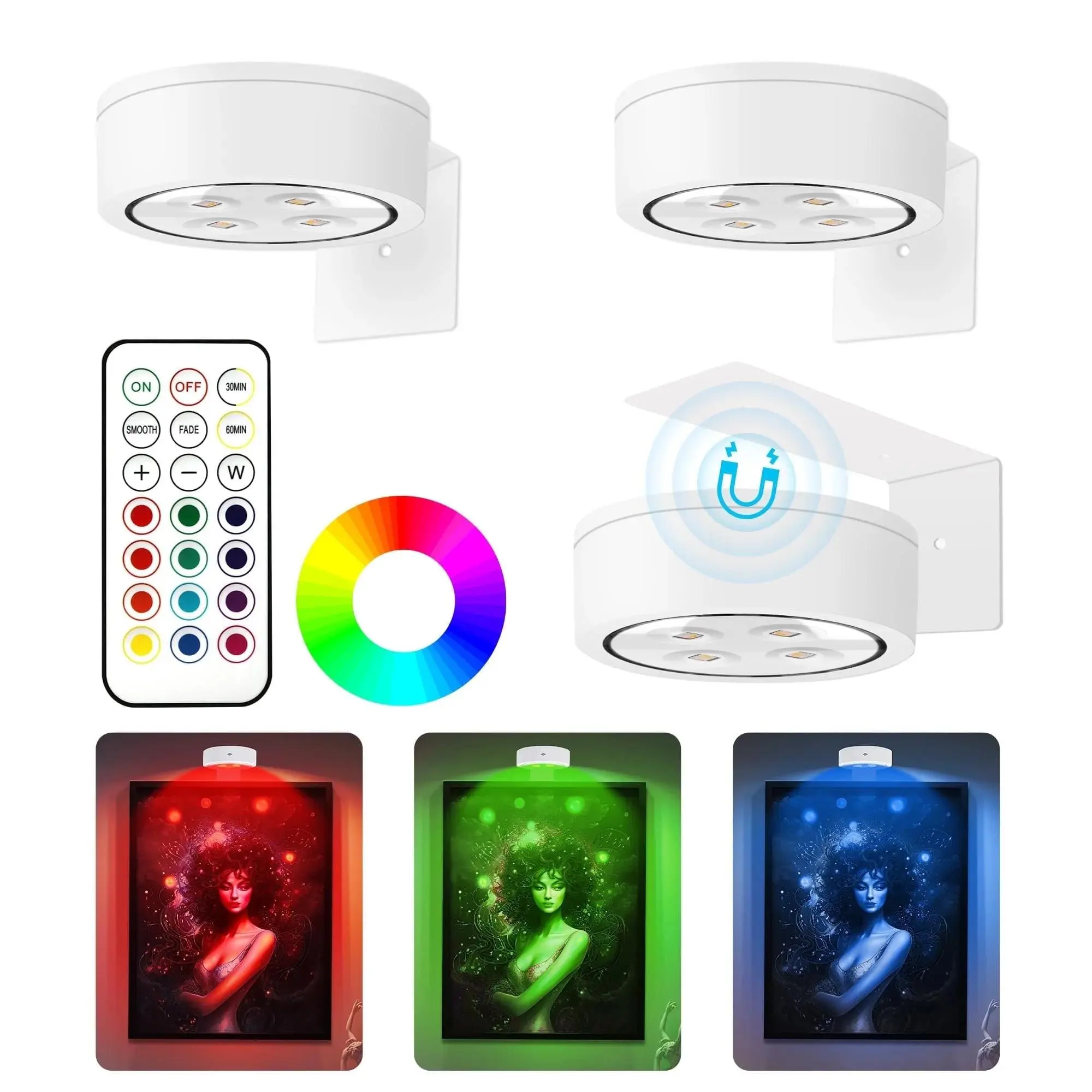 3-Piece Magnetic LED Art Display Puck Lights - 13 RGB Lighting Modes Adjustable, Dimmable, Wireless with Remote Control, Indoor Mood Lights for Bedroom, Photo Frames, Mood Decorative Lights