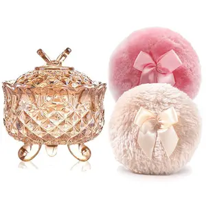 Luxury 4-Inch Glass Powder Container with 2 Soft 3.5-Inch Puff |   Non-Sealed Refillable Puff Jar |   Face Powder Storage (Butterfly-Amber)