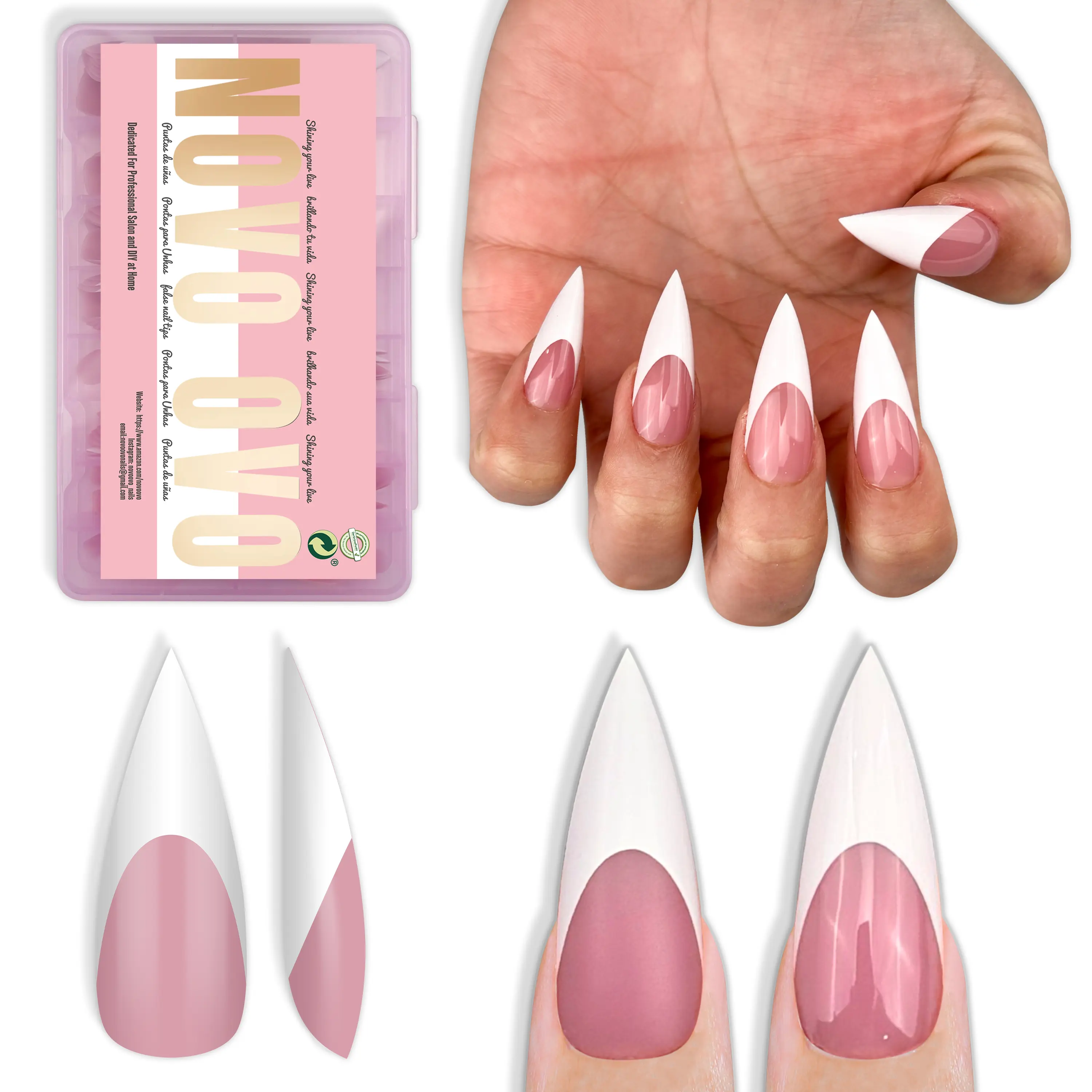 NOVO OVO Press on Nails, Medium Long Stiletto French Tips, Soft Gel Full Cover Acrylic Extensions, Soak Off Easily for DIY Manicure at Home, Blush Pink Base, 160 Pcs, 16 Sizes