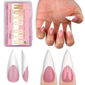 NOVO OVO White French Tip Sharp Stiletto Pointed Medium Long Nail Tips Press on Berry Pink, Soft Gel Fake Acrylic Extension, Full Cover False Nails for Salon DIY x 16 Sizes 160 pcs【NO GLUE ,TOP COATAND LAMP INCLUDED】