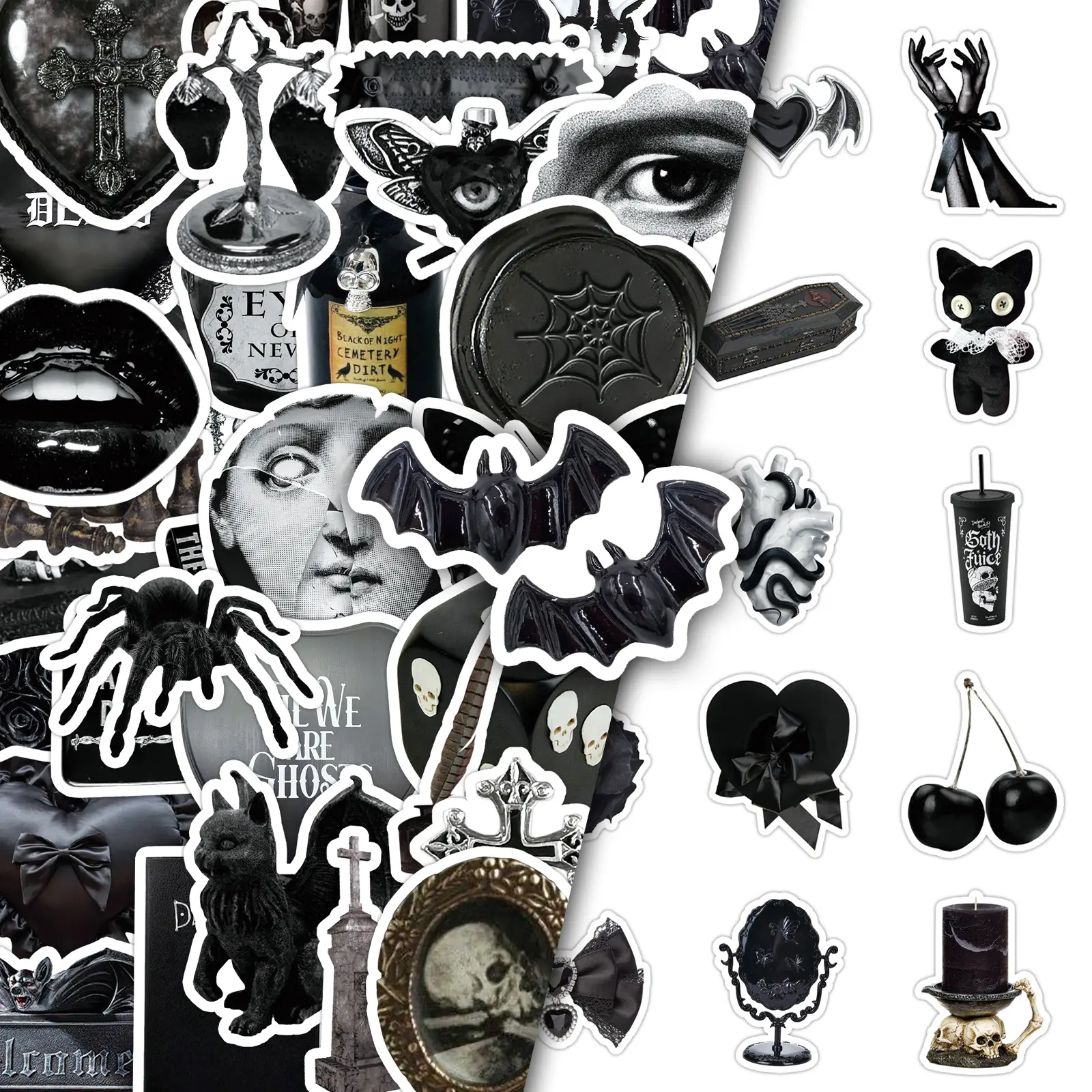 100pcs Gothic Stickers (2 Sets) - Dark Aesthetic Decals for Grunge Journals/Phone Cases, Edgy Skull/Rose/Cobweb Designs, Alternative DIY Scrapbooking Supplies, Cellphone Accessories