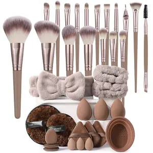36PCS Makeup Tools Set:18PCS Makeup Brush Set+3PCS Makeup Sponges+3PCS Mini Makeup Sponges+3PCS Triangle Powder Puffs+3PCS Mini Air Cushion Powder Puffs+1pc Hairband+2PCS Hand Bowl Strap+1pc Makeup Brush Cleaning Tools+2PCS Facial Cleansing Sponges