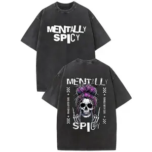 Mentally Spicy Washed Cotton T-Shirt, Skeleton Messy Bun Graphic Tee, Funny Sarcastic Casual Shirt for Women, Gothic Lovers