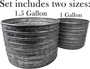 SciencePurchase Galvanized Ribbed Flower Pot Set, Includes Two Different Size (1 Gallon and 1.5 Gallon) Metal Pots for Indoor or Outdoor Plants, Rustic Look for Farmhouse Themed Home or Garden